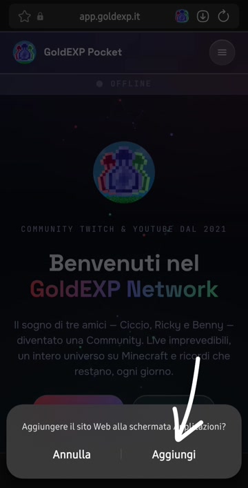 Popup di conferma Aggiungi alla schermata Applicazioni